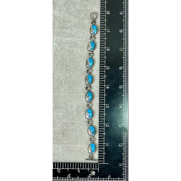 VTG Taxco Sterling Silver Turquoise Inlay Linked Oval Bracelet 7.75” Toggle - Picture 14 of 15